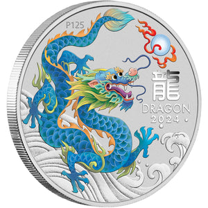 2024 $1 Year of the Dragon Teal Colour 1oz Silver BU on Card