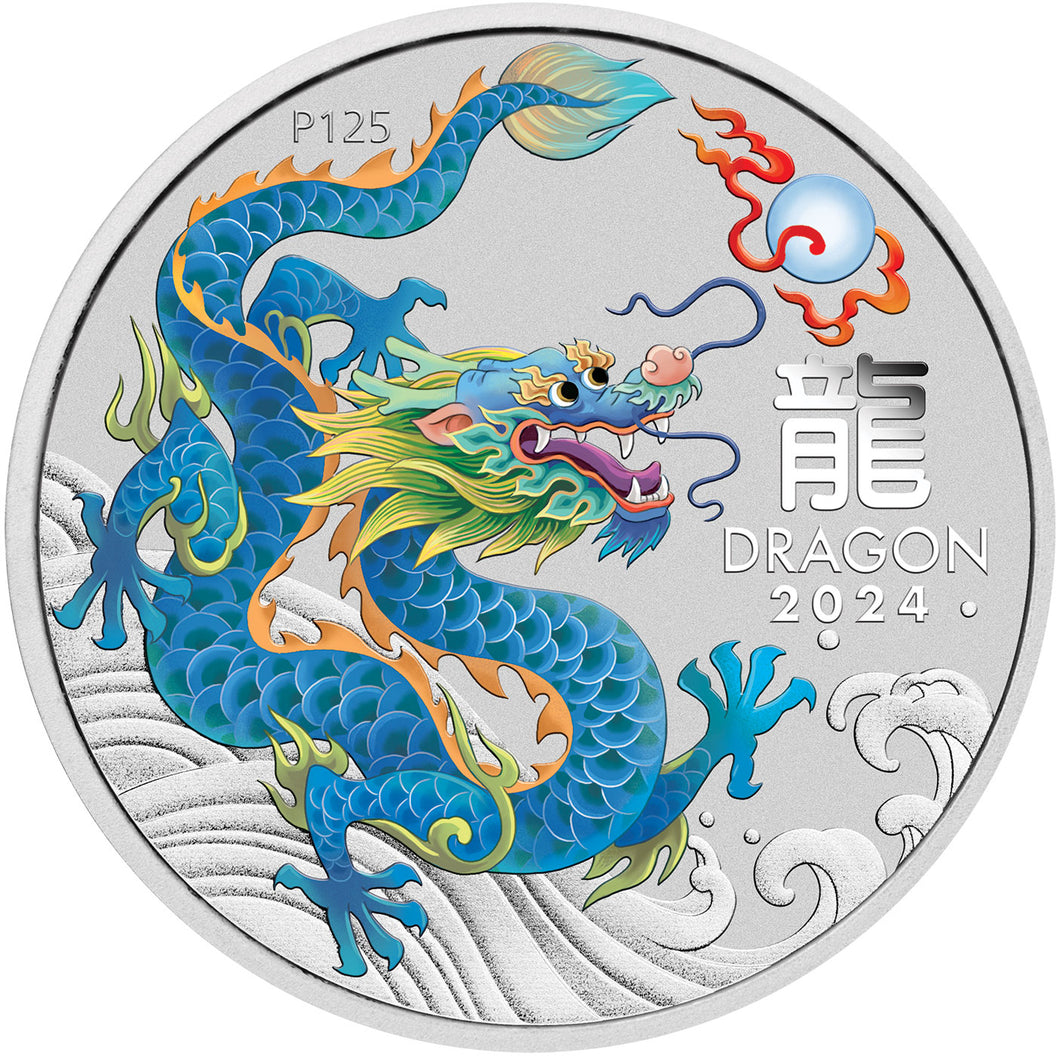 2024 $1 Year of the Dragon Teal Colour 1oz Silver BU on Card