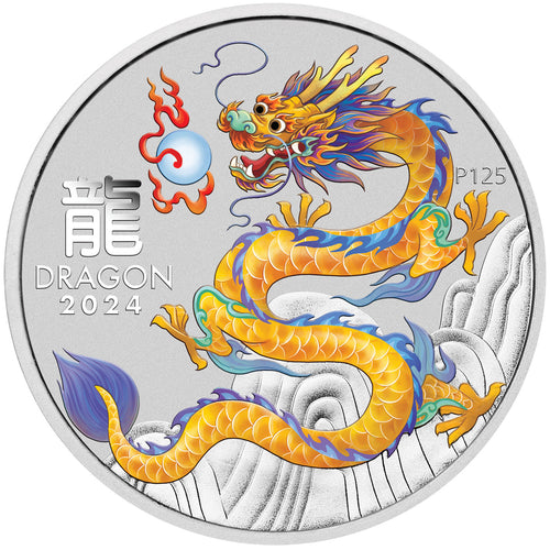 2024 $1 Year of the Dragon Yellow Colour 1oz Silver Coin in Card