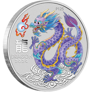 2024 $1 Year of the Dragon Lilac Colour 1oz Silver BU on Card