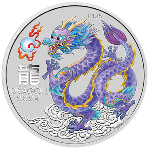 2024 $1 Year of the Dragon Lilac Colour 1oz Silver BU on Card