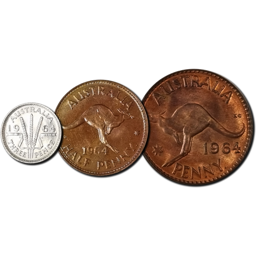 1964 Penny, Halfpenny, Threepence Set Uncirculated
