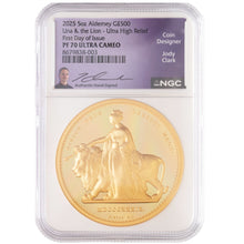 2025 Alderney £500 Una & Lion 5oz Gold Proof Coin NGC FDI PF70 SIgned Label